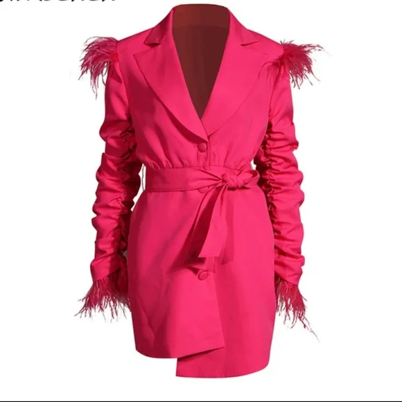 Dresses | Elegant Patchwork Feather Blazer Long Sleeve Dress Size M Nwt